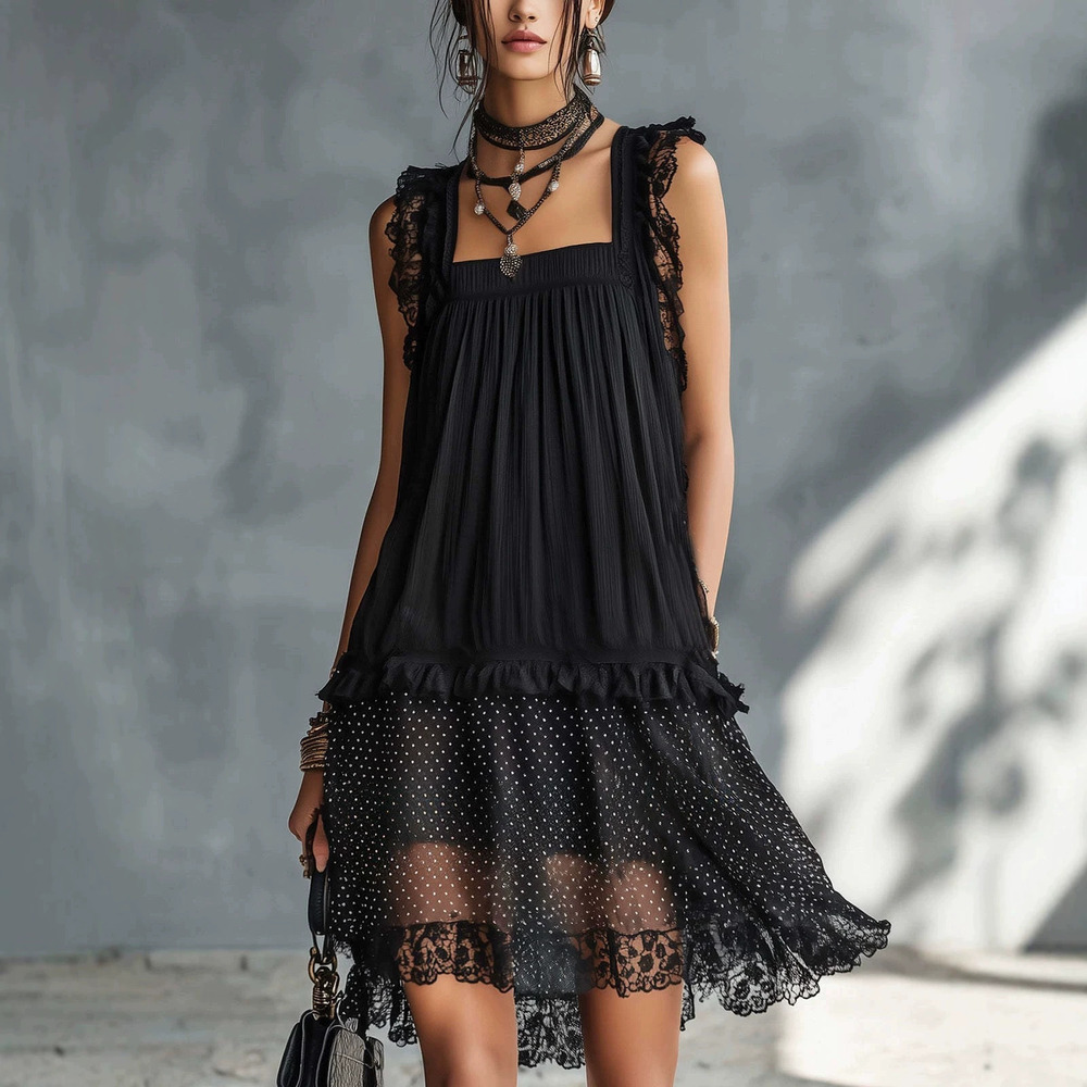 ZARA Women Sleeveless Black Lace Patchwork Dress Sexy Round Neck Mini Dress